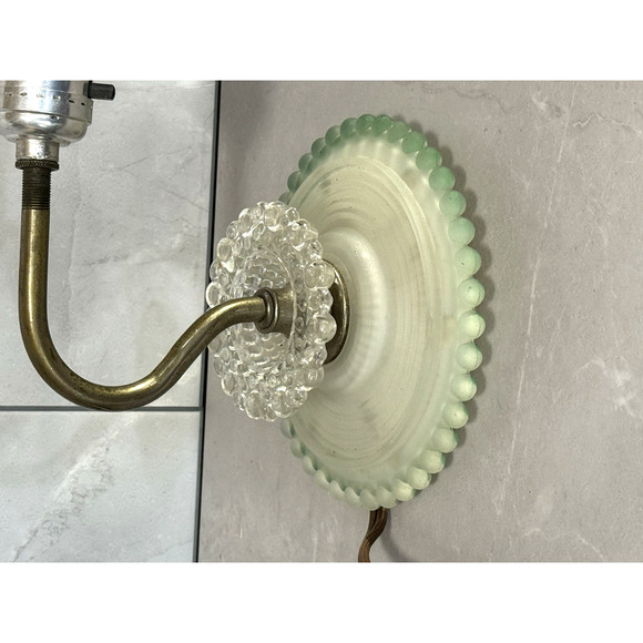 Vintage 1930s Art Deco Green Frosted Glass Wall Sconce Hobnail Beaded Backplate - Picture 9 of 12